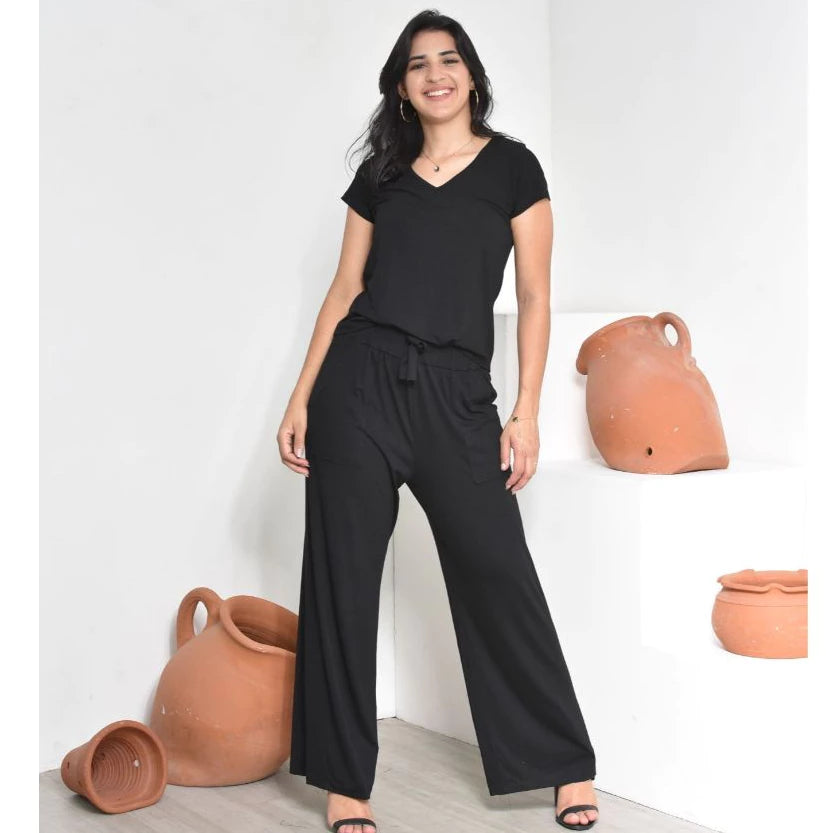 Conjunto Serena™ em Viscolycra com Calça Pantalona e Blusa Gola V - imagem 5