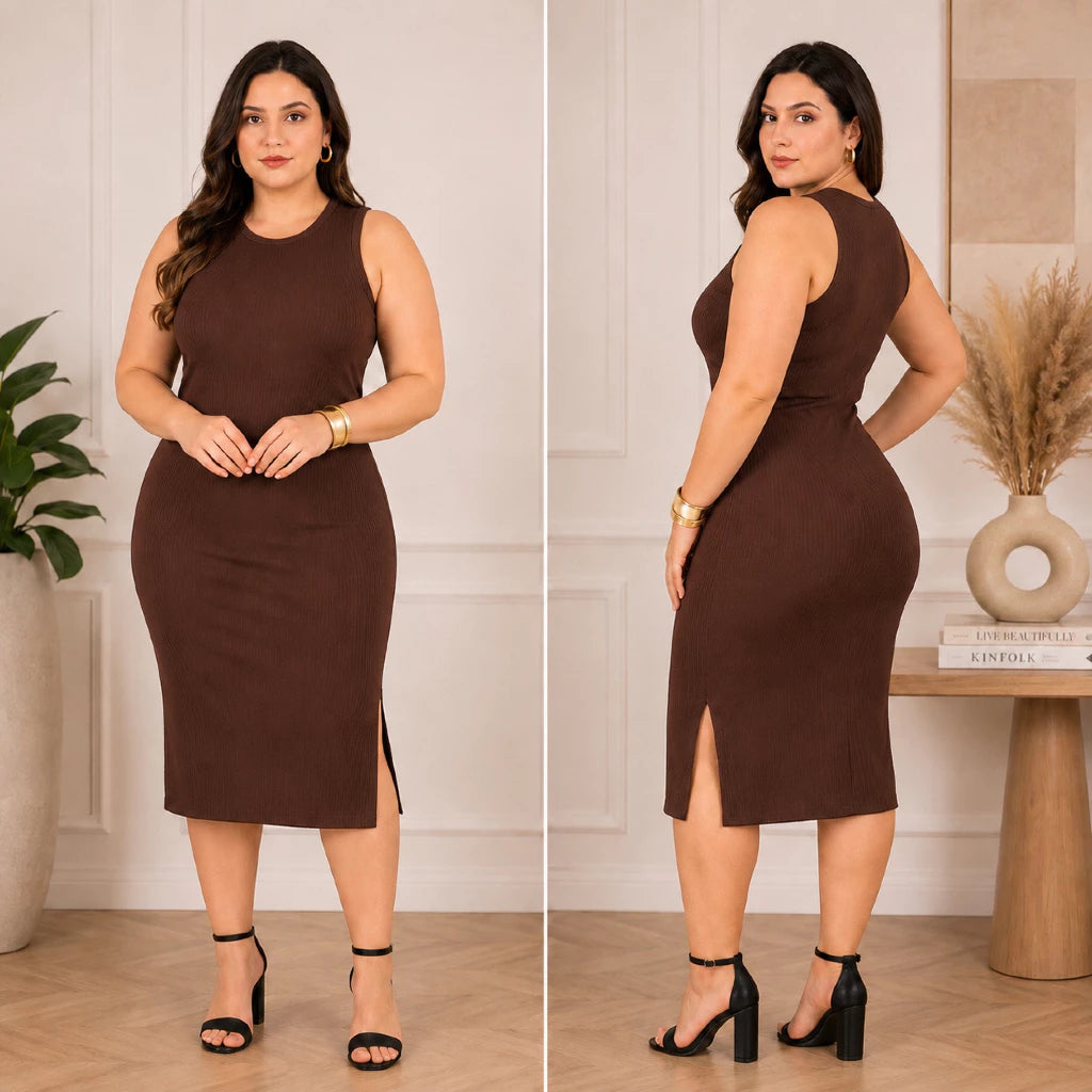 Vestido Luna Midi Canelado com Fenda Lateral frente completa