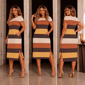 Detalhe da fenda lateral e bolsos do vestido midi feminino