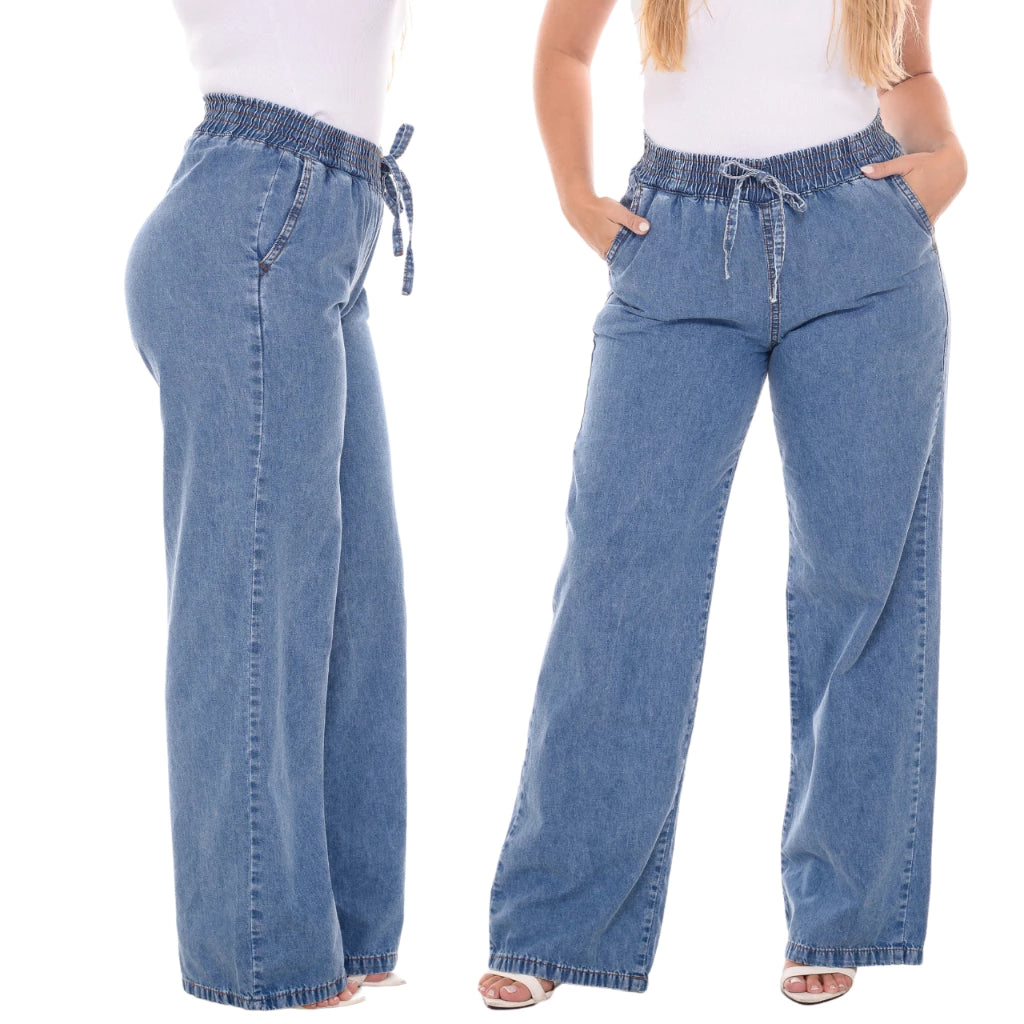 Modelagem wide leg e cintura alta da calça Charlotte, vista traseira