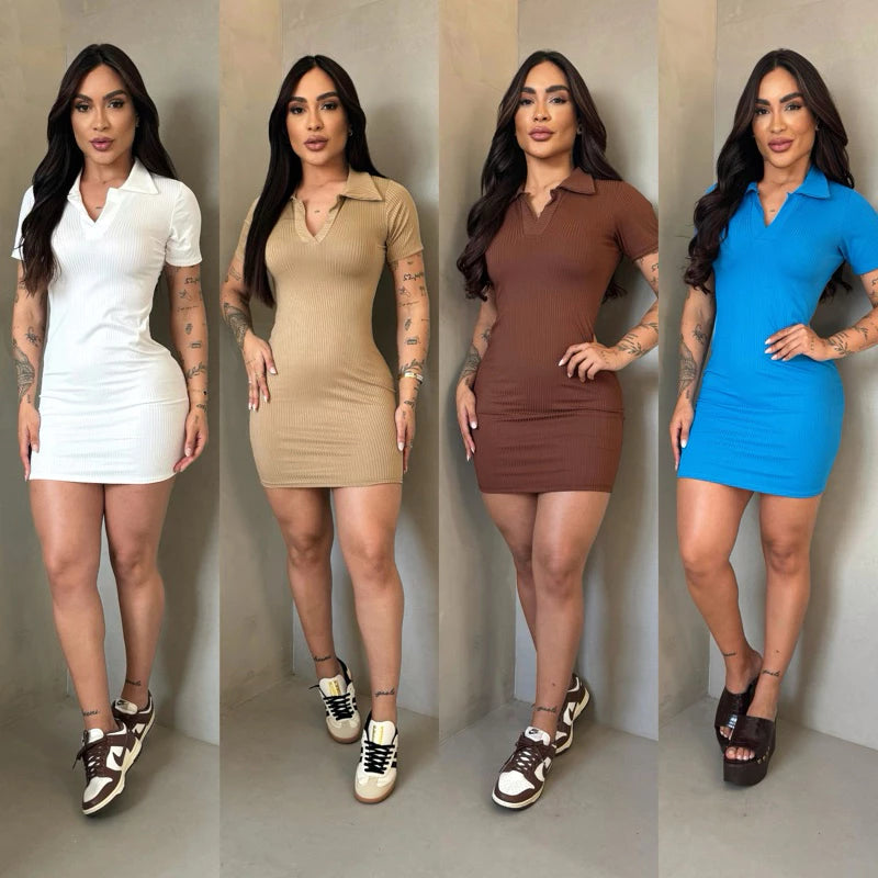 Vestido gola polo feminino canelado midi manga curta tubinho marrom