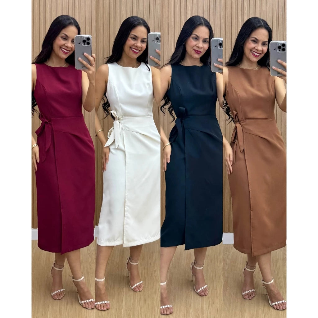 Vestido Firenze Alfaiataria Midi com Amarração Lateral frontal